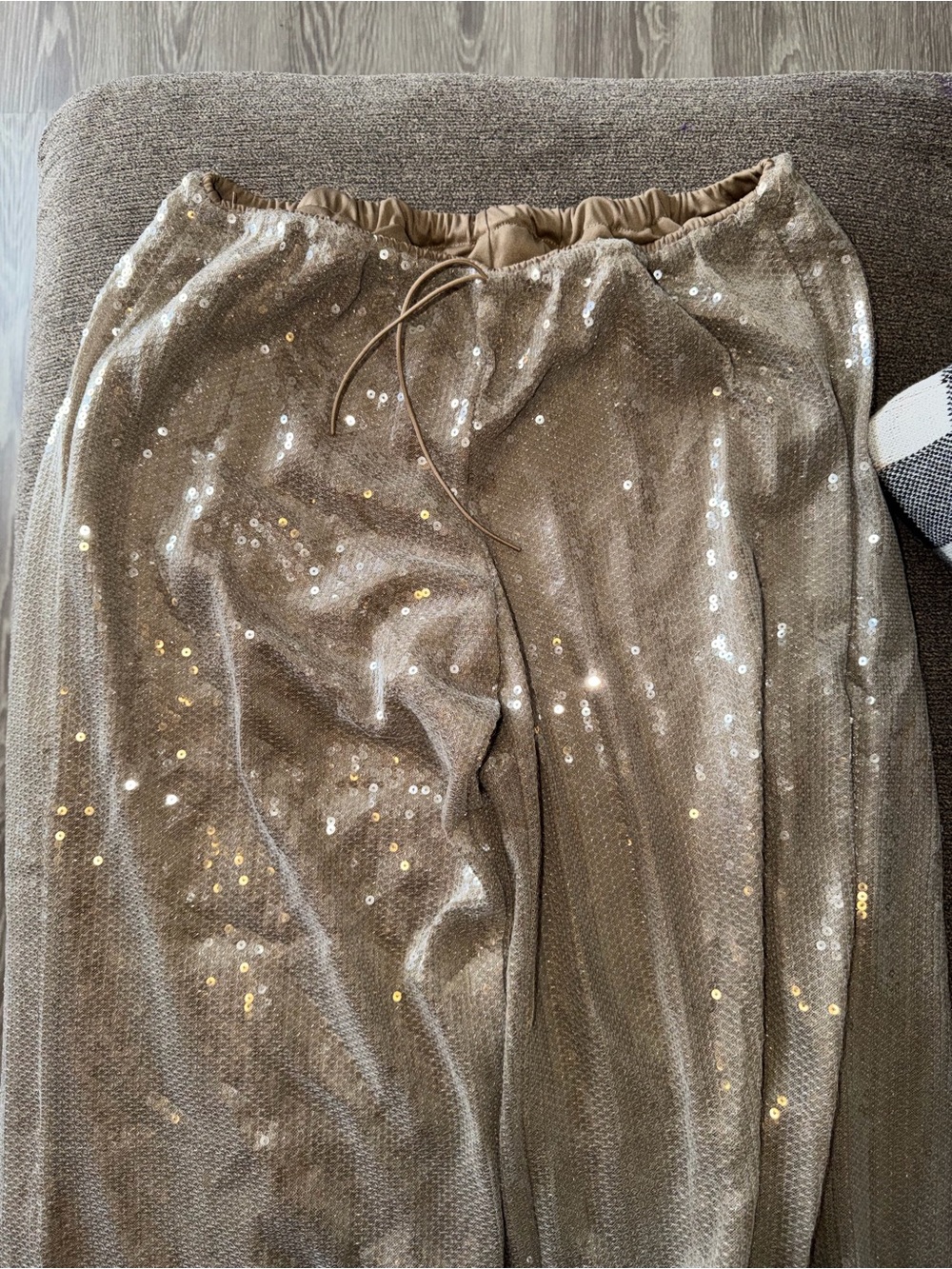Sequin Wide-Leg Drawstring Pants - Metallic Taupe - Picture 2 of 3